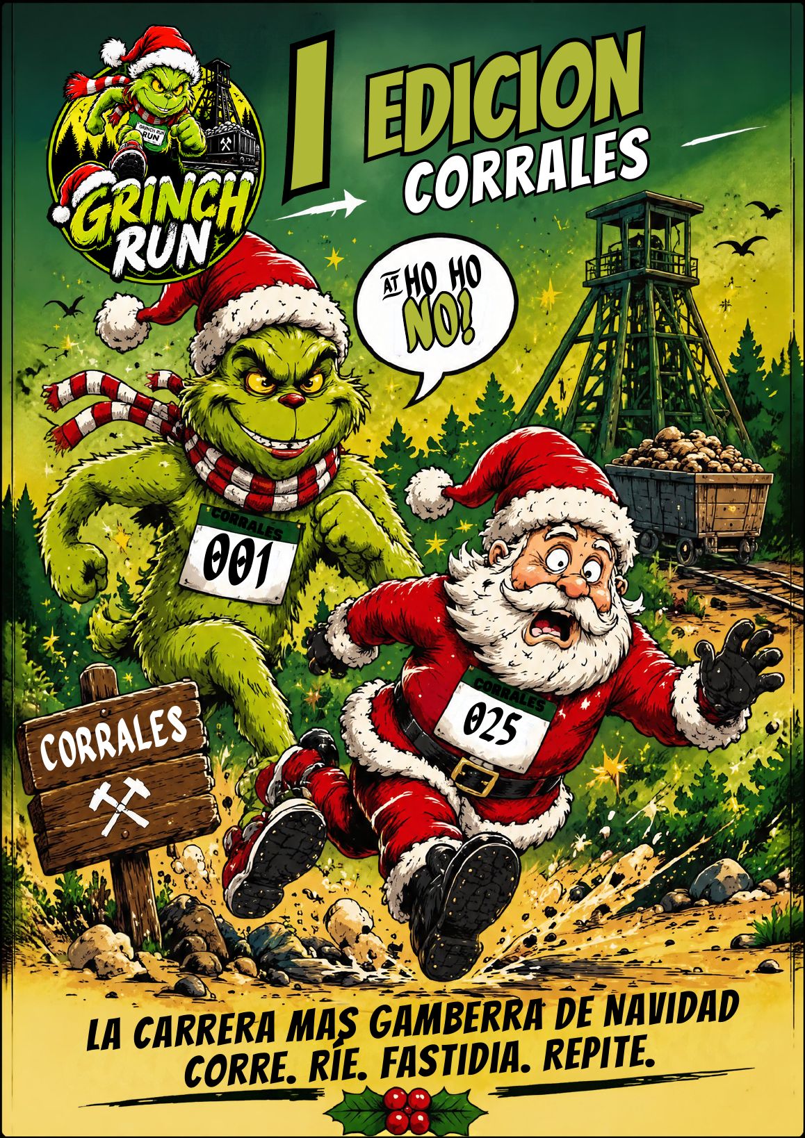 Cartel de la Grinch Run: el Grinch persigue a Papá Noel delante del pozo minero de Corrales.