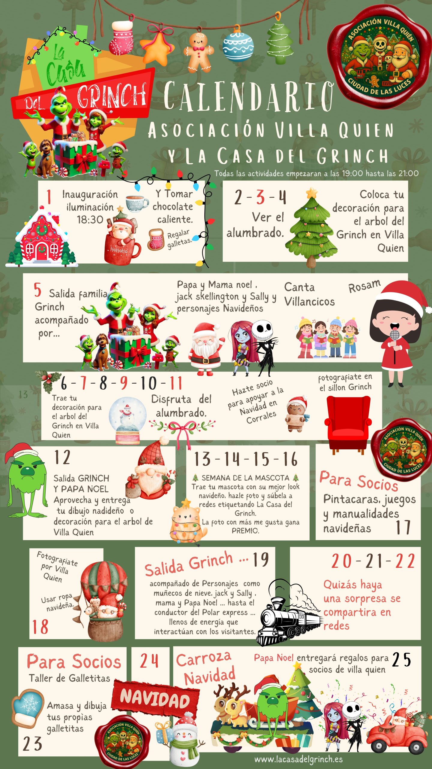 Calendario de La Casa del Grinch y Villa Quién